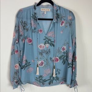 Dolan Anthro 100% Silk‎ Tassel Tie Neck Light Blue Floral Blouse Size XS